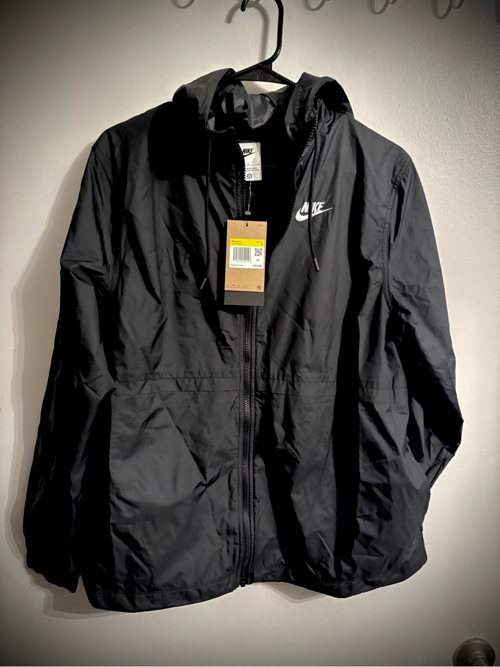 NWT Nike Black Hooded Windbreaker with White Swoosh